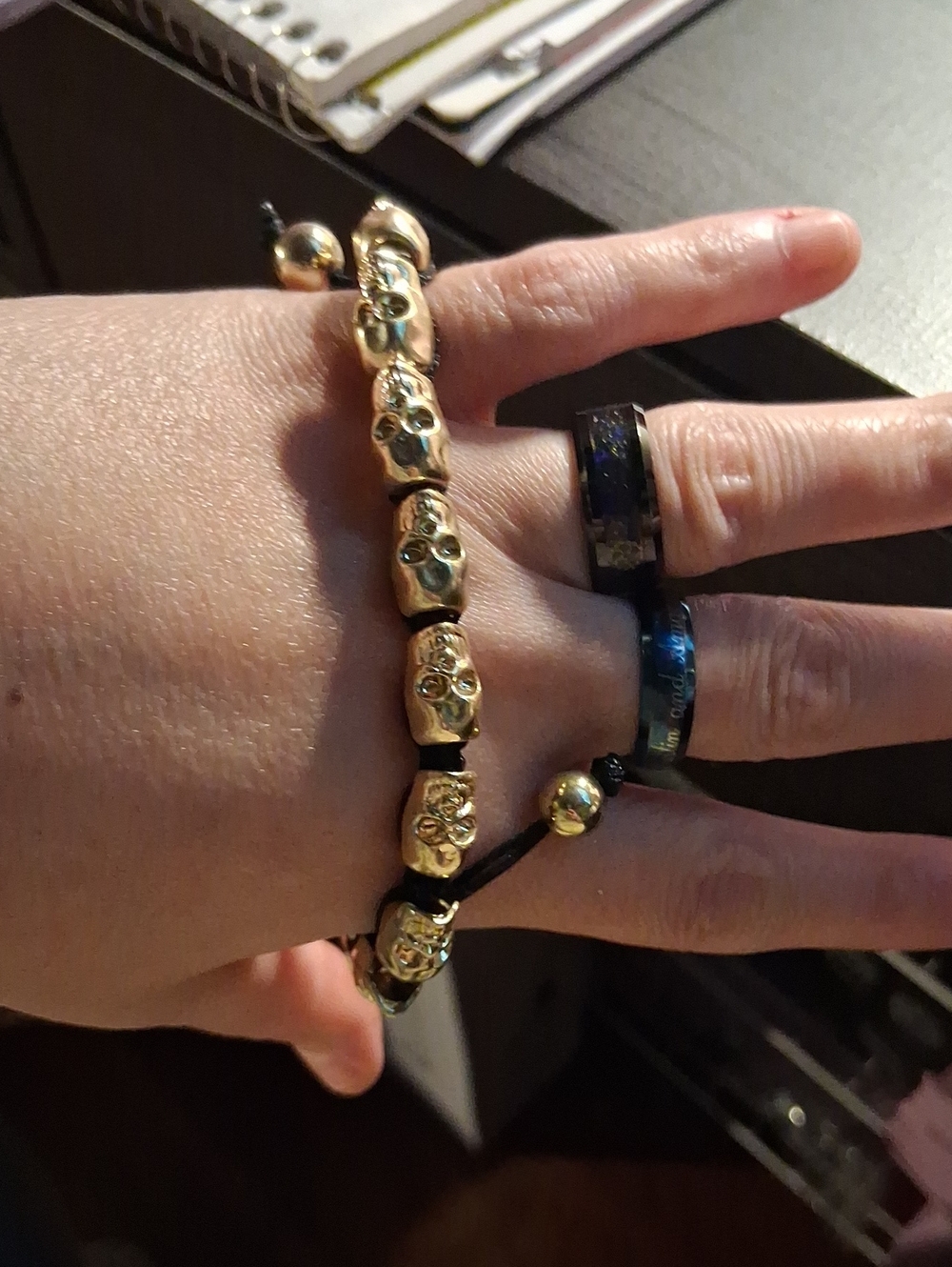 & Other Stories Gold Skull Bead Bracelet with Black Cord